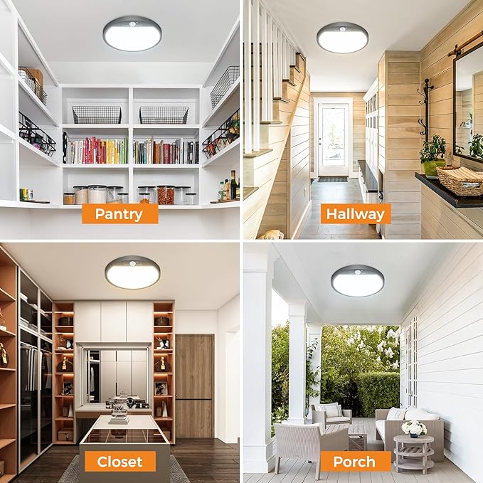 slochi 4Pack Motion Sensor Light Indoor Wired, 8.7 Inch 3000K/4000K/6500K Closet Lights Motion Sensored, 18W 1800LM Flush Mount Ceiling Light for Hallway Pantry Stairwell Porch, Black