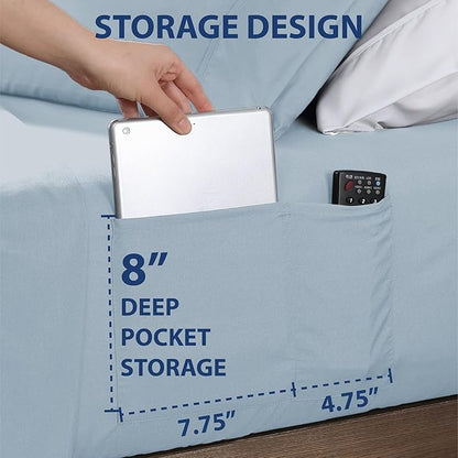 Swift Home Smart Sheets, Ultra Soft Brushed Microfiber 4-Piece Sheet Set, Fitted Bed Sheet with Side Storage Pockets – Blue Fog, King