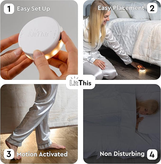 Under Bed Lights Motion Sensor Patented 360° motion activated night light for under bed light. – No Installation, easily positioned, dimmable, auto on/off.