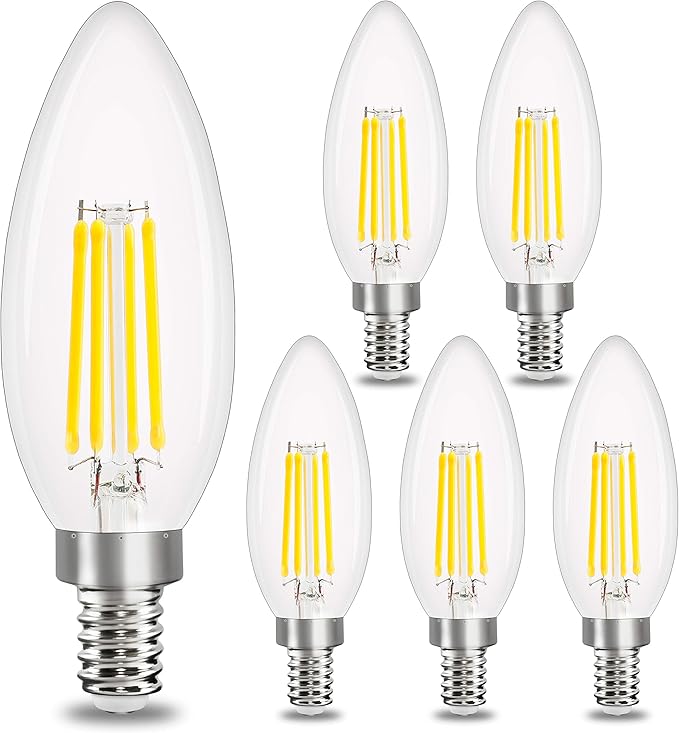 comzler E12 LED Candelabra Bulb Dimmable, Chandelier Light Bulb 5000K Daylight White,40W Equivalent,Type B Ceiling Fan Bulbs,C35 B11 Edison Filament Candle Bulbs Candle Lights,400LM,Pack of 6