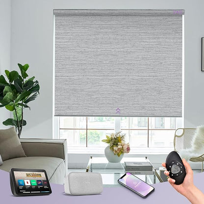 Graywind Motorized 100% Blackout Roller Shades Work with Alexa Google via Hub Window Blinds Remote Control Rechargeable Battery Motor with Valance for Smart Home and Office (D-Jacquard Grey)