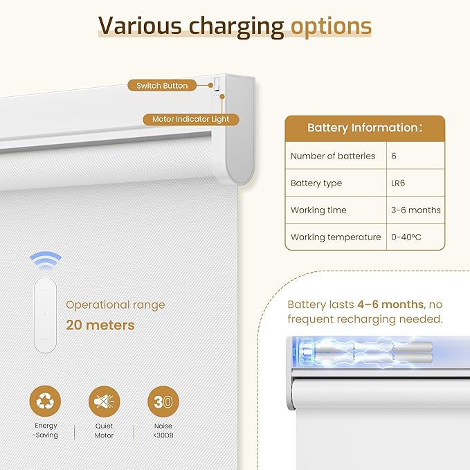Grandekor Motorized Roller Shade with Remote Control,Motorized Blinds 100% Blackout Electric Shades, Cordless Window Blinds Shades for Bedroom Living Room Office,White,W32 xH72