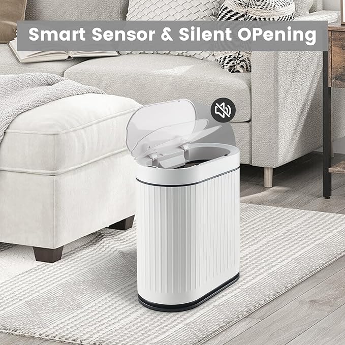 ELPHECO Bathroom Trash Can 2 Gallon Plastic Smart Garbage Can Waterproof Wastebasket Bathroom Decor Narrow Garbage Bin with Automatic lid for Bedroom, Kitchen, Office, White Black