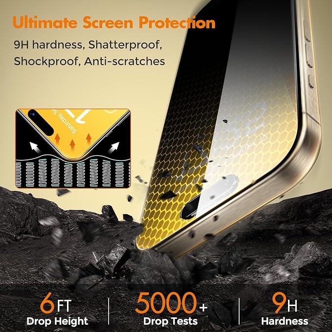 UNBREAKcable Privacy Screen Protector for iPhone 15 Pro, Anti-Spy Shatterproof Tempered Glass [True 28°Anti Spy] [9H Hardness] [Easy Installation Frame] Black Protector for Apple iPhone 6.1" - 2 Pack