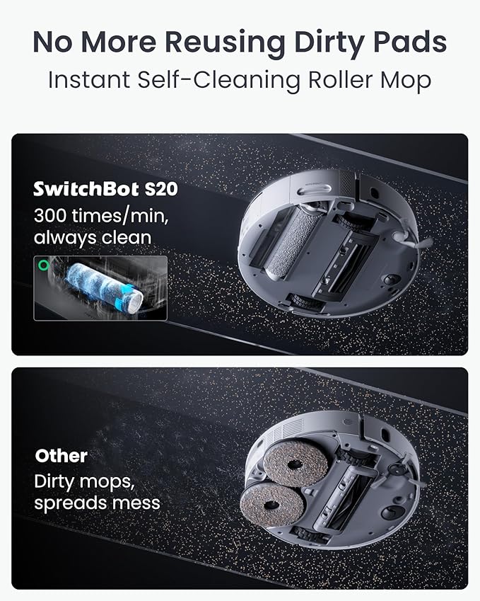 SwitchBot S20 Robot Vacuum and Mop with Matter, 10000Pa Powerful Suction, Roller Mop, AI Navigation, Auto Mop Washing & Drying, 90 Days Hands-Free, Self-Emptying, Works with AppleHome Alexa GoogleHome