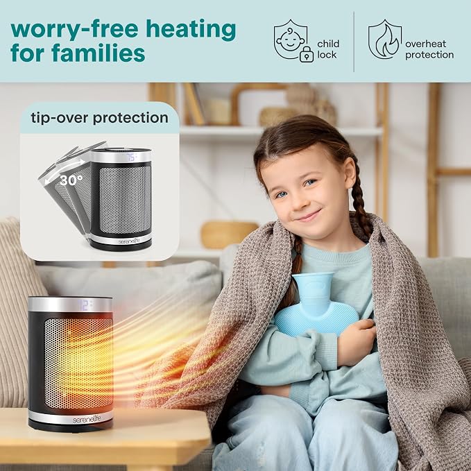 SereneLife Smart Space Heater – 1500W Indoor Electric Heater with Thermostat, Remote Control, 12-Hour Timer, Wi-Fi Enabled PTC Ceramic Heating for Home and Office, Black (5.9" x 5.9" x 9.5")
