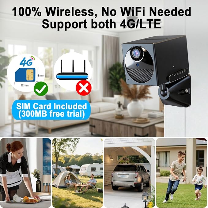 4G LTE Security Camera No WiFi Needed, Cellular Indoor Camera with SIM Card Slot, 2K QHD Wireless Camera, Motion Detection Alerts, Long Battery Life, Portable Camera for Home, Car, Trail Security