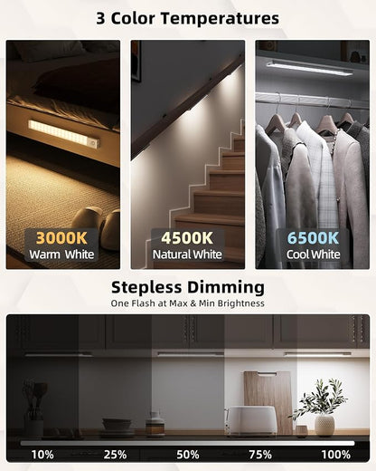 EZVALO 6 Pack LED Under Cabinet Lights Wireless with Charging Station, 11.8'' Motion Sensor Light Indoor, 1100mAh Rechargeable, 3 Color Temperatures, Dimmable Closet Lights for Pantry, Hallway, Stair