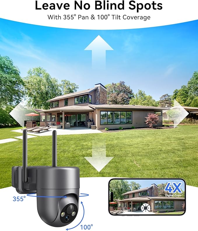 LIWAN Solar Security Cameras Wireless Outdoor, 360° View PTZ Camera for Home Security, 2K HD Color Night Vision, AI Human Detection, IP66 Weatherproof, 2.4GHz WiFi Only