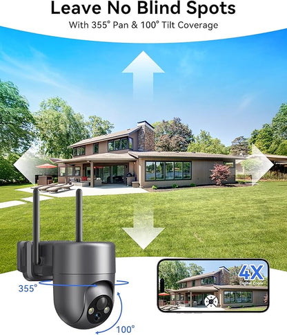 LIWAN Solar Security Cameras Wireless Outdoor, 360° View PTZ Camera for Home Security, 2K HD Color Night Vision, AI Human Detection, IP66 Weatherproof, 2.4GHz WiFi Only