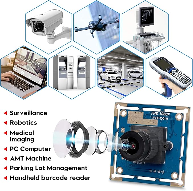 SVPRO 1080P HD USB Camera Module with 2.1mm Lens, 2MP OV2710 CMOS Board Camera, 30fps/720P 60fps/VGA 100fps High Frame Rate Machine Vision Cam USB Plug and Play for Windows Linux MacOS Android