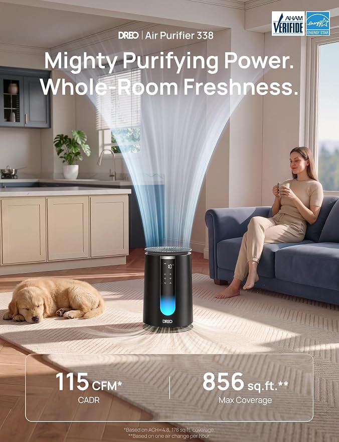 DREO Home Air Purifier 338, Bedroom HEPA Air Cleaner for Dorm Room, Pets, Smoke, Dust, Pollen,Odor with Scent Diffuser,PM2.5 Quality Monitor, 4 Fan Speeds & Auto/Turbo/18dB Quiet Sleep Mode, DR-HAP008