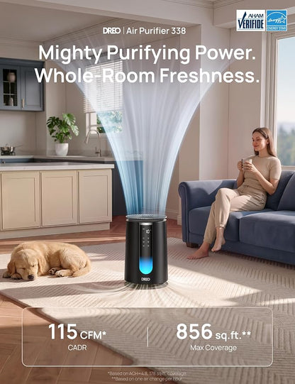 DREO Home Air Purifier 338, Bedroom HEPA Air Cleaner for Dorm Room, Pets, Smoke, Dust, Pollen,Odor with Scent Diffuser,PM2.5 Quality Monitor, 4 Fan Speeds & Auto/Turbo/18dB Quiet Sleep Mode, DR-HAP008