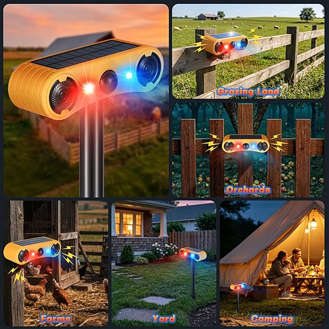 Solar Motion Sensor Alarm Outdoor, Red & Blue LED Strobe Light with 130dB Dual Speakers, 13 Loud Sounds Dog Barking & Siren, Continuous Loop Playback, 4 Modes for Deer Bear Coyote Fox Deterrent