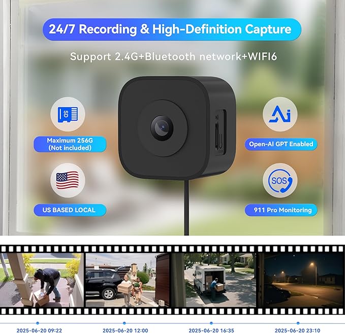 Magnetic Window Camera, Window Security Camera with Night Vision, 3MP 2K Indoor Camera for Home Security, OpenAI GPT Enabled, 24/7 Recording, Person/Vehicle Detection, Black