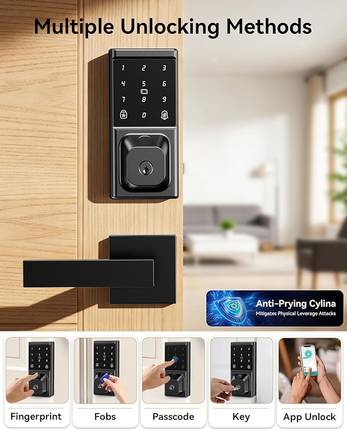 Smart Deadbolt Lock with 2 Lever Handles, Keyless Entry Door Lock Set, Fingerprint, Touchscreen Keypad, APP Control, Temporary Passcode, Auto Lock, IP54 Waterproof, Easy Install for Front Door