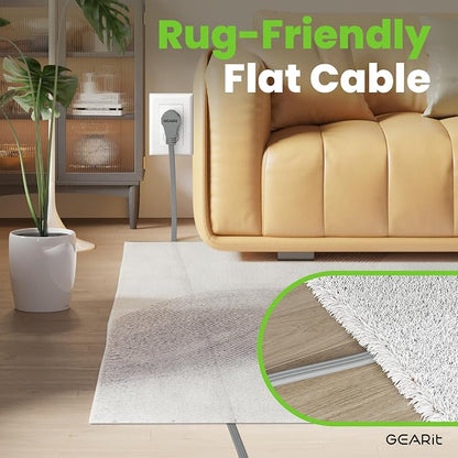 GEARit 10 ft 360° Rotating Flat Plug Extension Cord, 3 Outlet Low Profile Power Cord, 16 AWG 13A 3 Prong Grounded Indoor Cord, ETL Listed, Space-Saving for Furniture, Grey