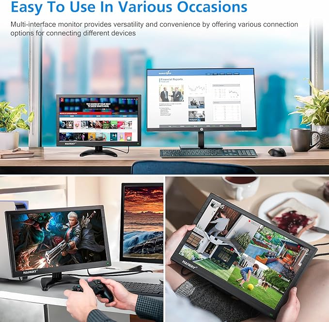 Haiway 15.6 Inch Small HDMI Monitor, 1366x768 Resolution Security CCTV Monitor with HDMI BNC VGA AV USB Ports, Built-in Speakers LED Monitors for PC, Laptop and Computer for Home Office Warehouse