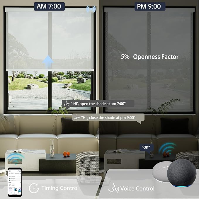 Motorized Solar Shades, Light Filtering Smart Blinds for Windows Automatic Blinds Compatible with Alexa, Falme Resistant Roller Shades Customized for Office Living Room (5% Openness Sliver)