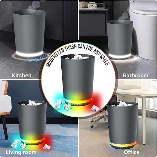 MVMT Trash Can with LED Light-Up Wireless Speaker - 9.8L (2.6 Gal) Smart Trash Bin, Bluetooth 360 Sound, Multi-Color LED Base, IPX4 Water-Resistant, FM Radio, Rechargeable Battery, Space-Saving Design
