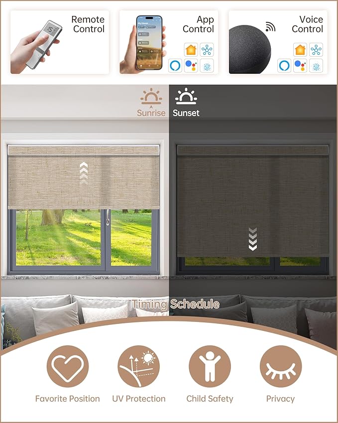 Kincmo Motorized Blinds with Remote, Light Filtering Roller Shades Work with Apple Homekit,Alexa,Google Home, Custom Electric Blinds with App,Voice Control (75% Blackout Linen Caramel)