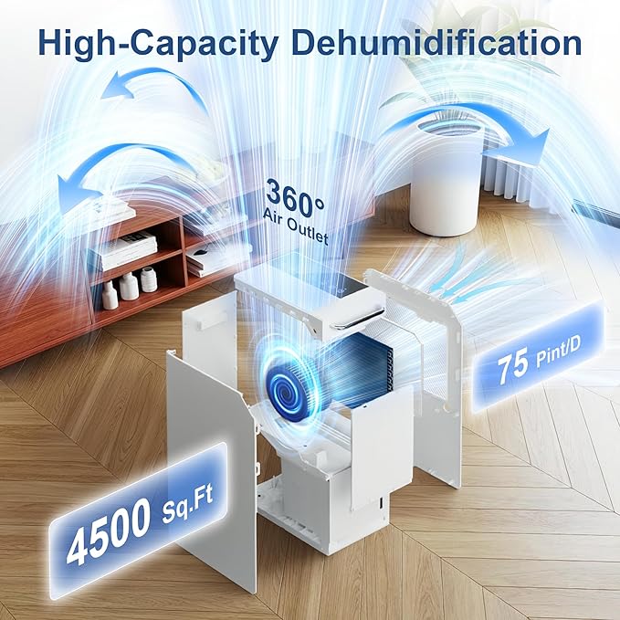 4500 Sq.Ft Dehumidifier for Home 75 Pint, Portable Dehumidifier for Basement with Drain Hose, Auto Defrost, 24H Timer, Child Lock, Wheels & Recessed Handle, Touch Control, Quiet for Bedroom Bathroom