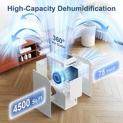 4500 Sq.Ft Dehumidifier for Home 75 Pint, Portable Dehumidifier for Basement with Drain Hose, Auto Defrost, 24H Timer, Child Lock, Wheels & Recessed Handle, Touch Control, Quiet for Bedroom Bathroom