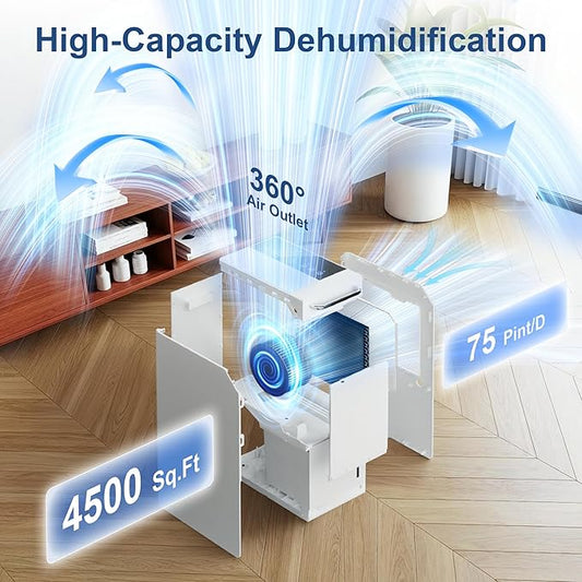4500 Sq.Ft Dehumidifier for Home 75 Pint, Portable Dehumidifier for Basement with Drain Hose, Auto Defrost, 24H Timer, Child Lock, Wheels & Recessed Handle, Touch Control, Quiet for Bedroom Bathroom