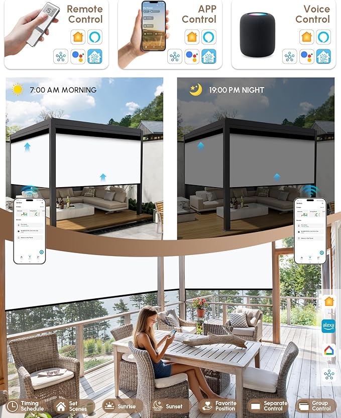 Kincmo Motorized Outdoor Shades for Patio Porch, Custom Outdoor Motorized Blinds with Remote, Waterproof & Windproof Patio Shades Work with Apple Home,Alexa,Google (0% Openness White)