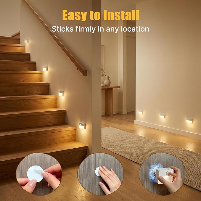 9 Pack Rechargeable Motion Sensor Stair Lights Indoor, Automatic Activated LED Night Light Wireless Battery Powered Portable Hallway Step Toilet Closet Lamp for Bedroom Kitchen