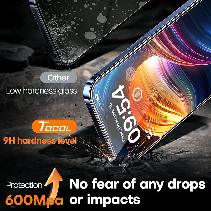 TOCOL for iPhone 15 Pro Max Screen Protector 9H Hardness Military Grade Shatterproof HD Tempered Glass for Full Coverage Easy Installation 2 Pack