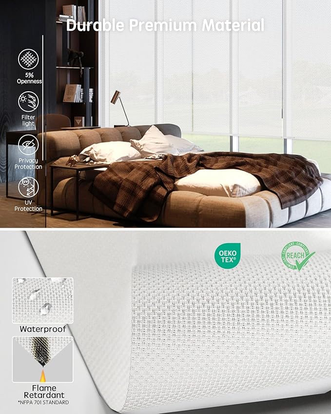 Yoolax Motorized Blinds with Remote, Flame Resistat mart Roller Shades Work with Alexa, Google, Apple Homekit, Custom Automatic Shades with Voice Control for Living Room (5% Openness White)