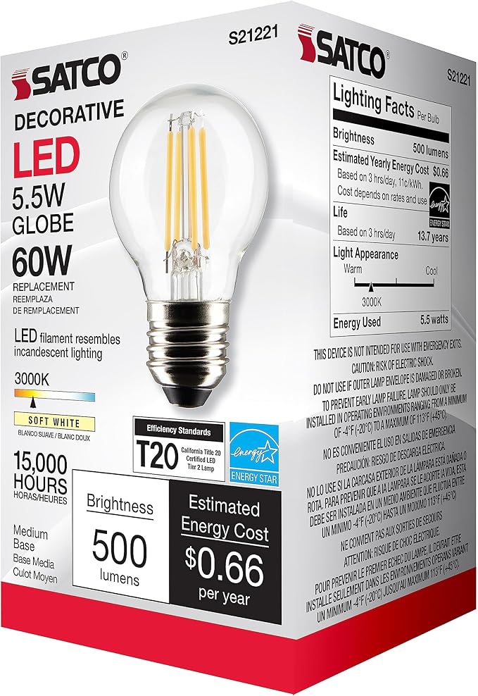 Satco 21221-5.5G16.5/LED/CL/930/120V/E26 G16 Globe LED Light Bulb