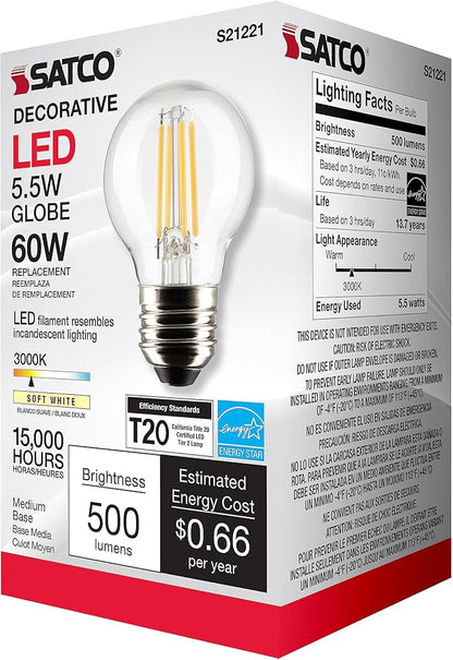 Satco 21221-5.5G16.5/LED/CL/930/120V/E26 G16 Globe LED Light Bulb