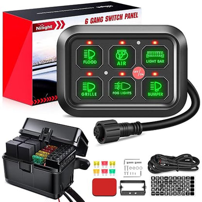 Nilight 6 Gang Switch Panel System Integrated Circuit Control w/Relay Fuse | 12V DC DIY Label Stickers Dimmable Button w/Wiring Harness for LED Light Bar Rock Rear Lights Cars Trucks RV Boats