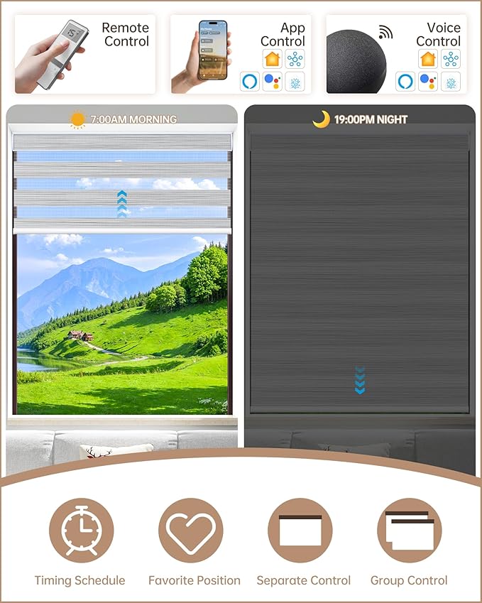 Kincmo Motorized Blinds with Remote, Motorized Zebra Shades Work with Apple Homekit,Alexa,Google Home, Customized Electric Blinds with Remote,App,Voice Control (90% Blackout Flow Grey)