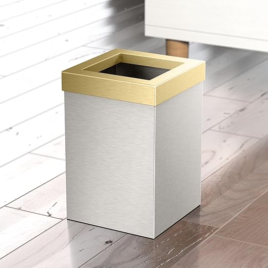 Gatco Small Bathroom Trash Can with Lid, Square 3 Gallon Stainless Steel Wastebasket, Under Sink, Satin Nickel and Brushed Brass, for Bathroom, Bedroom, Office (1914B)