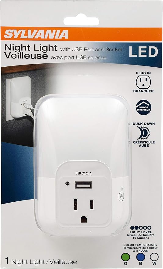 LEDVANCE Sylvania LED Night Light with USB Port and Socket, 3-Color Select, Frosted, 3000K, 5 Lumens, Cool White - 1 Pack (64991)