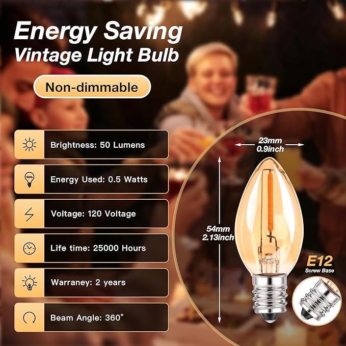 C7 LED Night Light Bulbs 0.5W, E12 Candelabra Base Candle Light Bulb Warm 2200K Equivalent 5W/7W Incandescent Bulb, Mini Light Bulbs for Chandelier Nightlight Salt Lamp Window Bulbs (2 Pack Gold)