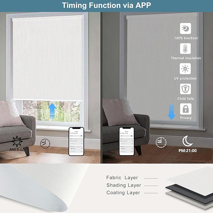 Bringnox Motorized Blinds with Remote,100% Blackout Smart Roller Blinds Compatible with Apple Homekit Google Home and Alexa Via HUB,and Customized (Safari White-03)