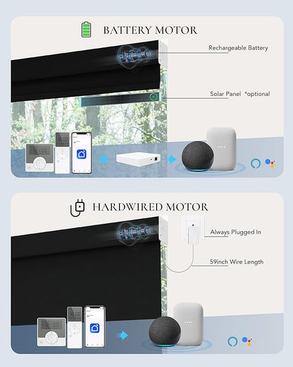 Motorized Blinds Compatible with Alexa Google 100% Blackout Smart Blind Automatic Window Roller Shades Remote Control Custom Size Farbic Black