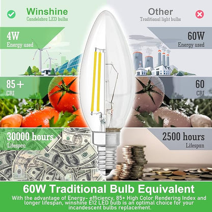 10 Pack Dimmable Type B Candelabra Light Bulbs, 4W 4000K Natural Daylight E12 Led Bulb, winshine Candelabra Led Light Bulbs 60 Watt Equivalent, Small Base Chandelier Candle Fan Light Bulbs, B11, 600LM