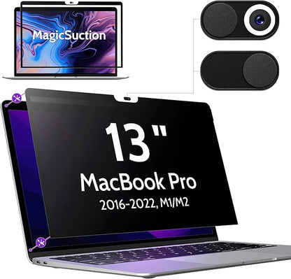 Peslv Privacy Screen for MacBook Pro 13 In (2016-2022, M1, M2) & MacBook Air 13 Inch (2018-2021, M1), MagicSuction™ Removable Anti Spy Black Protector, Glare Blue Light Filter for Mac Laptop Computer