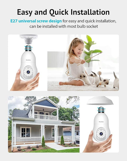 LaView 5MP QHD Bulb Security Camera 2.4GHz, 360° 3K Security Cameras Wireless Outdoor Indoor Full Color Day and Night, AI Motion Detection, Audible Alarm, Easy Installation, Compatible with Alexa