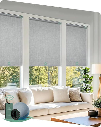 Yoolax Motorized Blinds with Remote, 100% Blackout Smart Roller Shades Work with Alexa, Google, Apple Homekit, Custom Automatic Shades with Voice Control for Bedroom Office (Light Gray)