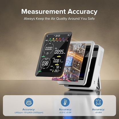 16 in 1 Air Quality Monitor Indoor 9 +7 AQI Alerts, CO2 Monitor Air Quality Tester for CO2, TVOC, PM2.5 PM1.0 PM10, HCHO Temperature Humidity AQI & Time Air Quality Meter for Home (Floral White)