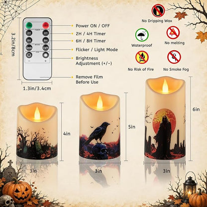 Artmarry Halloween Flameless Candles 4" 5" 6" Set of 3 Outdoor Indoor | Pillars Battery Operated Flickering Candles with Cozy Climbing Flame Effect ,10-Key Remote Timer, Plastic LED Candles