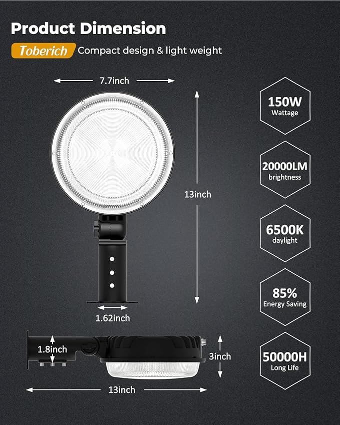 toberich LED Barn Light 4 Packs, 150W 20000LM Yard Area Lights Dusk to Dawn Outdoor Lighting with Upgraded Photocell 6500K Adjustable Angle Daylight IP66 Waterproof Street Lights for Farmhouse/Garage