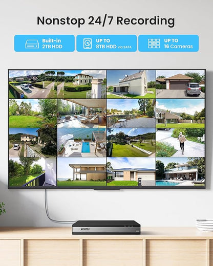 ZOSI H.265+ 1080p 16 Channel Home Security Camera Outdoor Indoor, 16CH CCTV DVR with AI Human Vehicle Detection and 12 x 1080p Surveillance Bullet Camera, 100ft Night Vision, 90° View Angle, 2TB HDD
