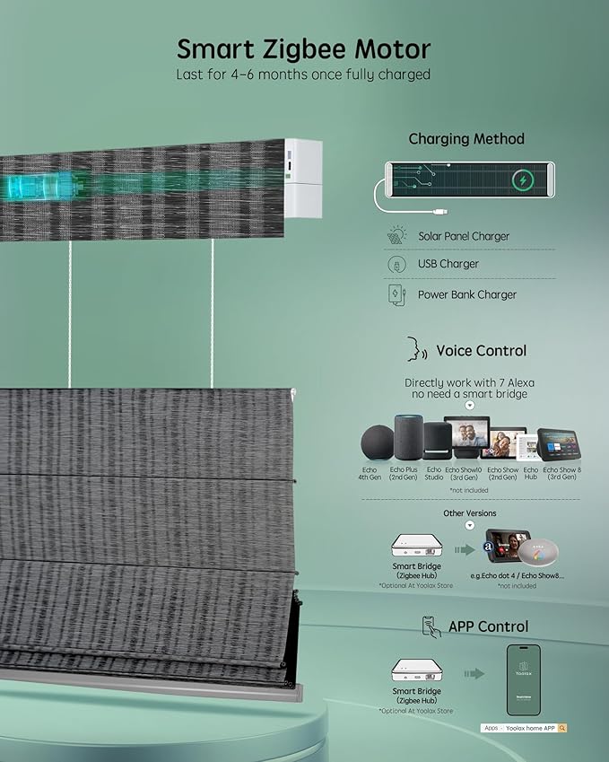 Yoolax Smart Top Down Bottom Up Roman Shades, Motorized Roman Shades with Remote, Light Filtering Smart Blinds Work with Alexa, Google, Apple Homekit for Living Room, Customized (Strip Dark Grey)